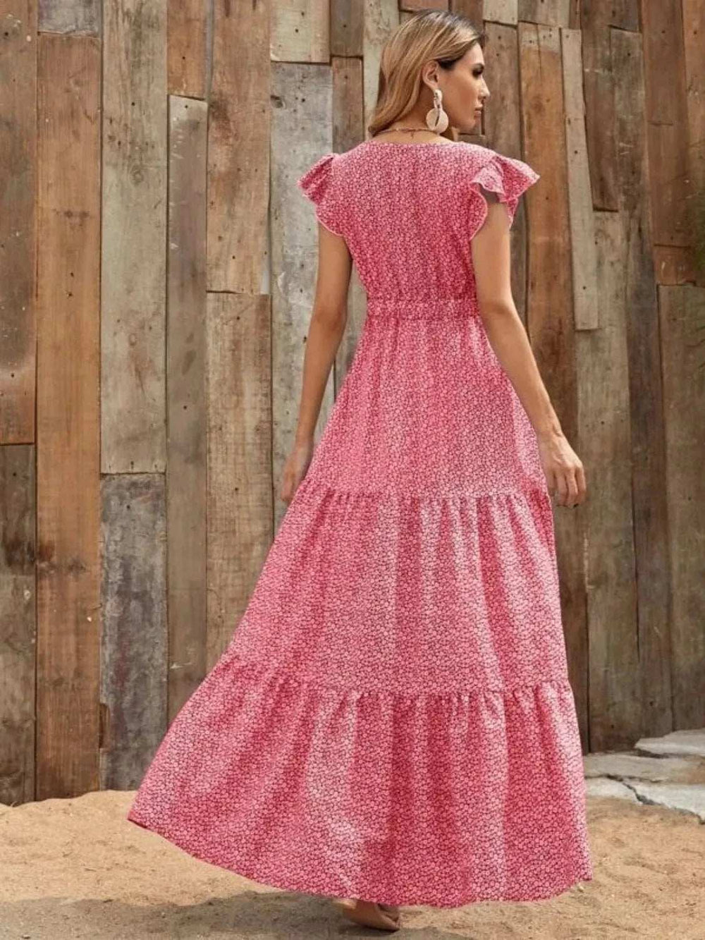 Printed V-Neck Ruffled Cap Sleeve Maxi Dress - Trendsi - Flyclothing LLC