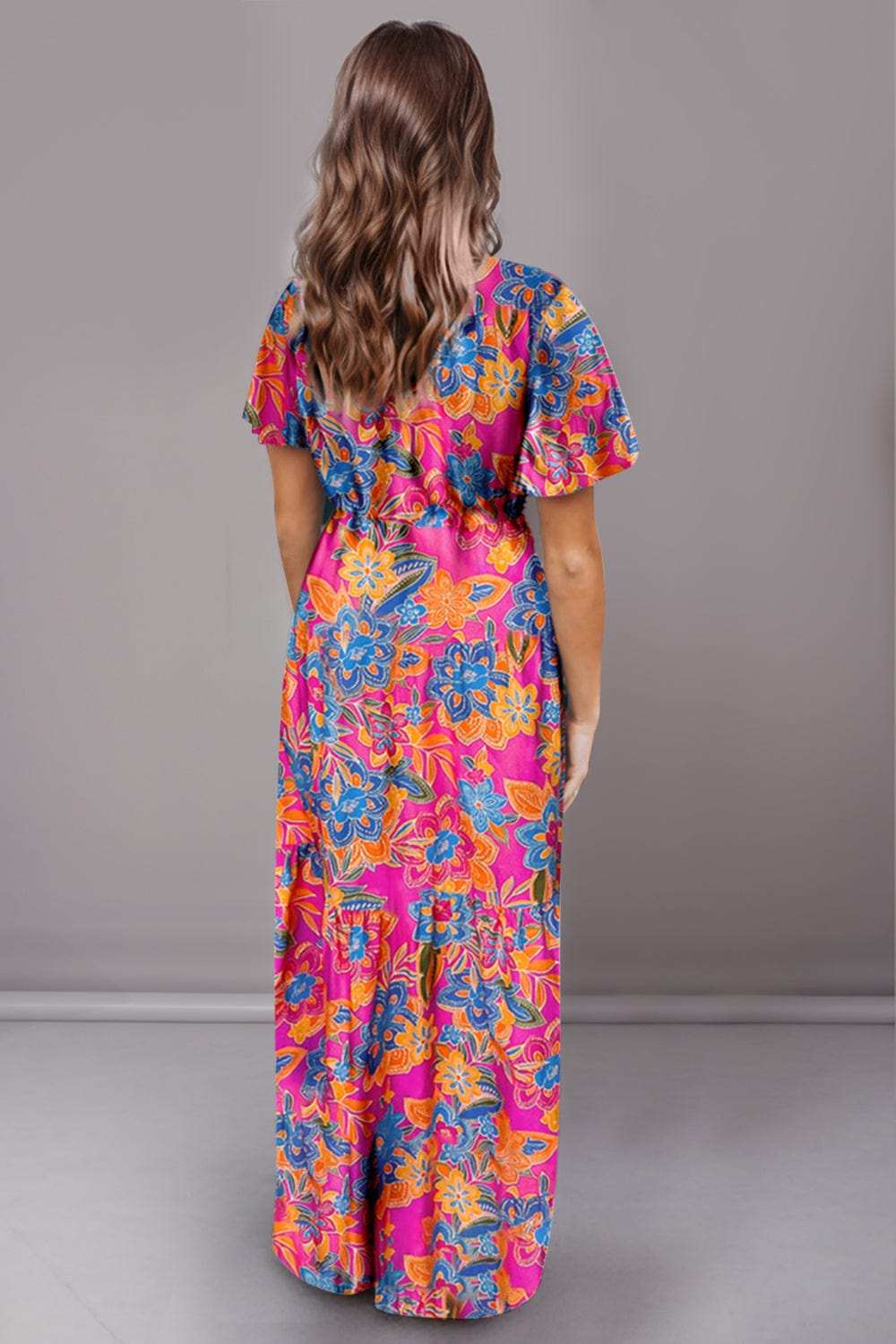 Printed Surplice Short Sleeve Maxi Dress - Trendsi - Flyclothing LLC