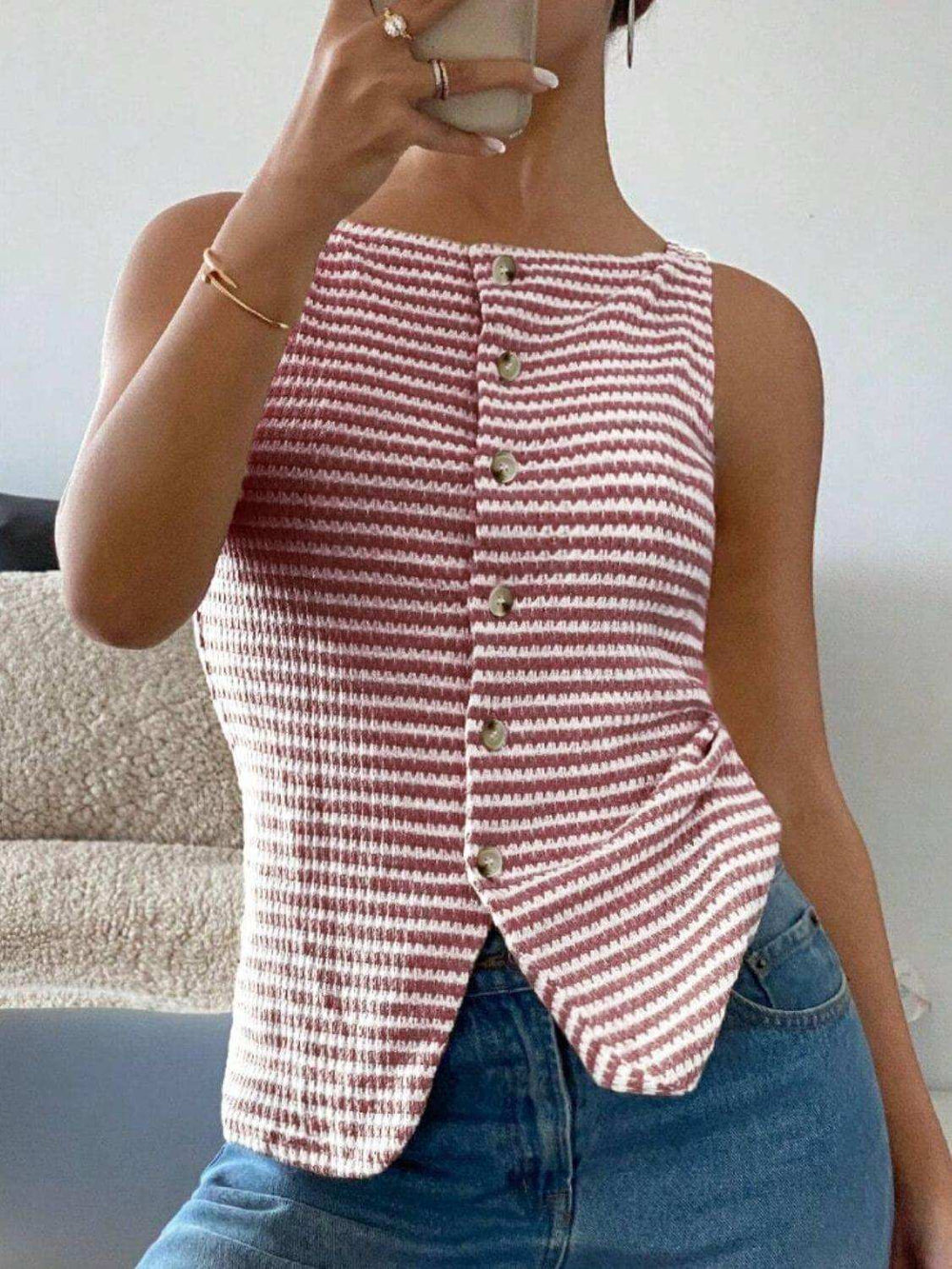 Button Down Striped Tank - Trendsi - Flyclothing LLC