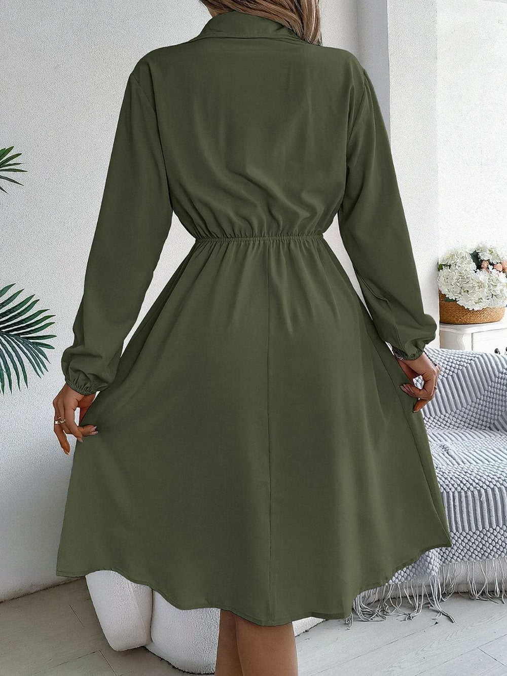 Collared Neck Long Sleeve Dress with Pockets - Trendsi - Flyclothing LLC