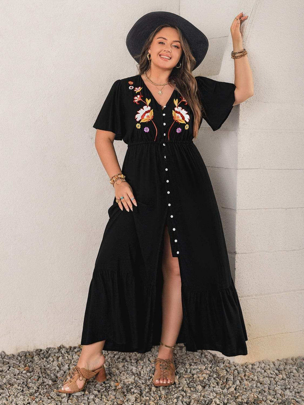 Plus Size Embroidered V-Neck Flutter Sleeve Maxi Dress - Trendsi - Flyclothing LLC