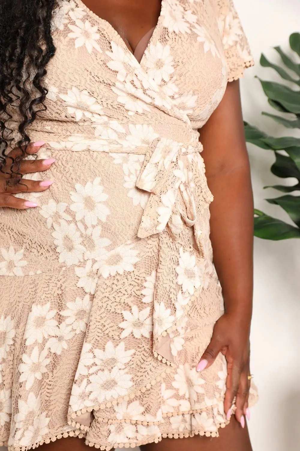 Double Take Floral Lace Pompom Detail Tie-Waist Flutter Sleeve Dress - Trendsi - Flyclothing LLC