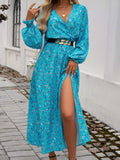 Split Printed Surplice Long Sleeve Midi Dress - Trendsi - Flyclothing LLC
