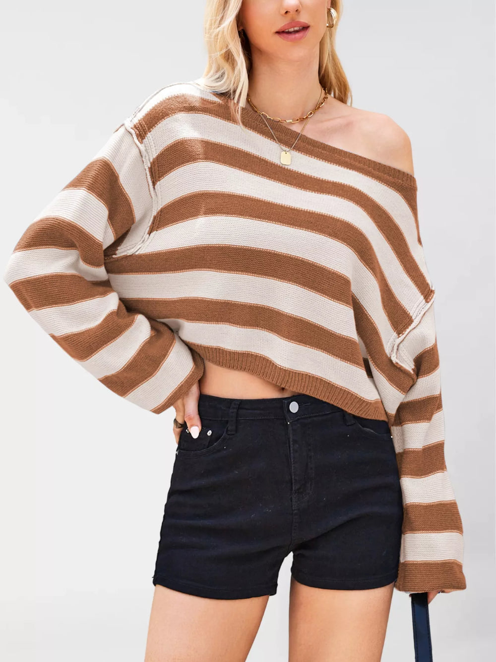 Striped Dropped Shoulder Sweater - Trendsi - Flyclothing LLC