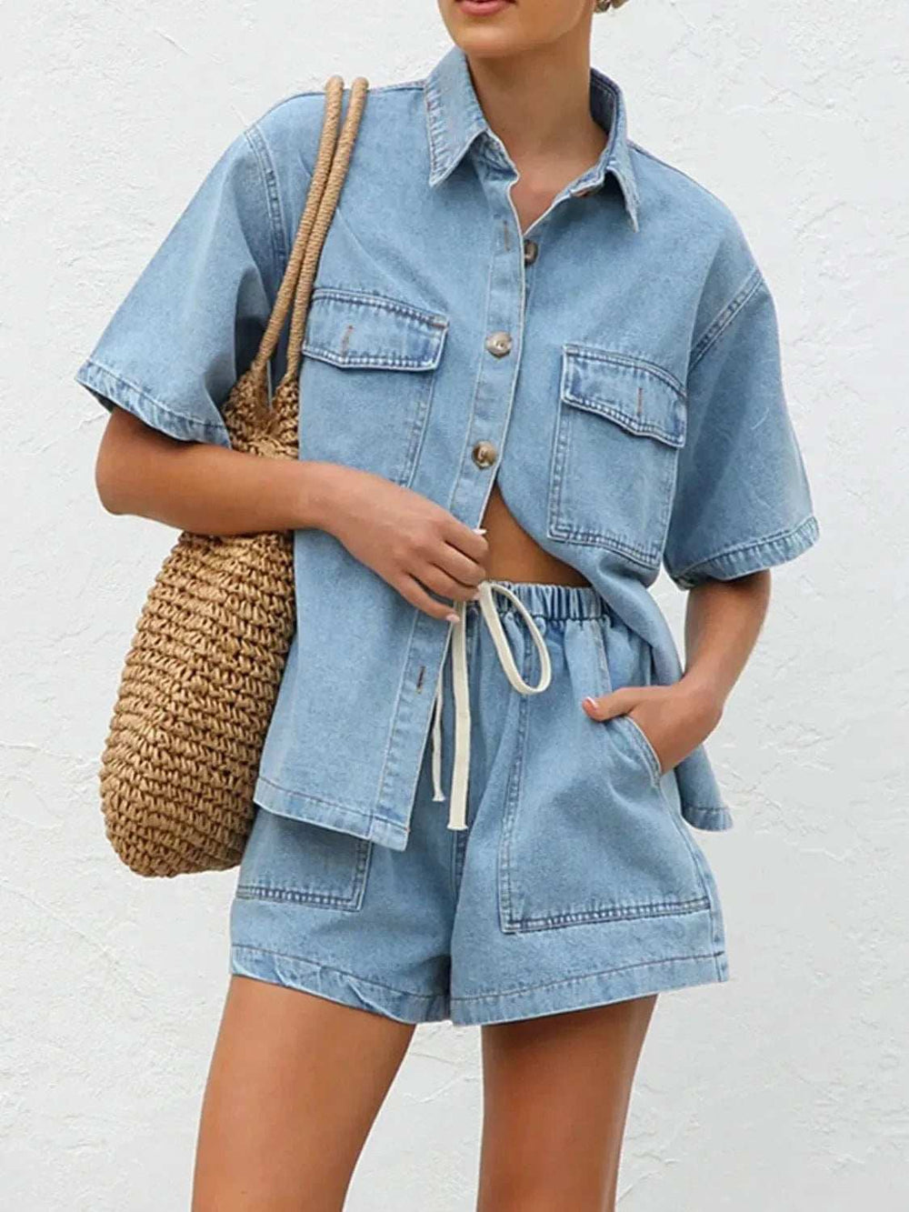 Button Up Short Sleeve Top and Shorts Denim Set - Trendsi - Flyclothing LLC