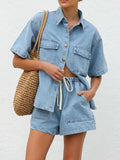 Button Up Short Sleeve Top and Shorts Denim Set - Trendsi - Flyclothing LLC