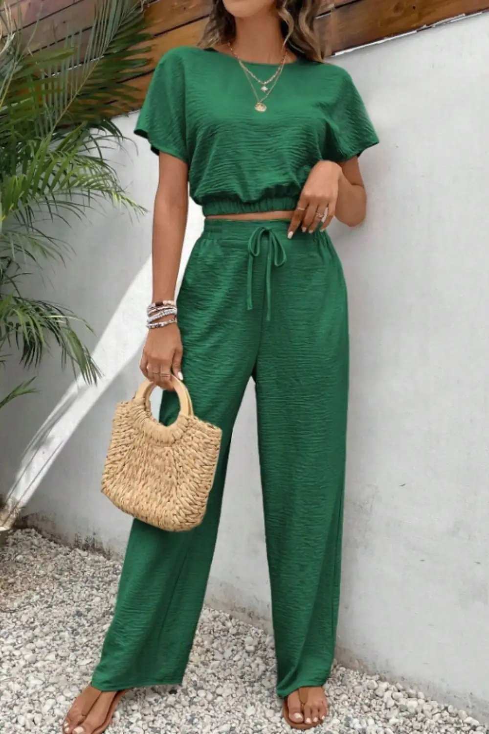 Round Neck Short Sleeve Top and Pants Set - Trendsi - Flyclothing LLC