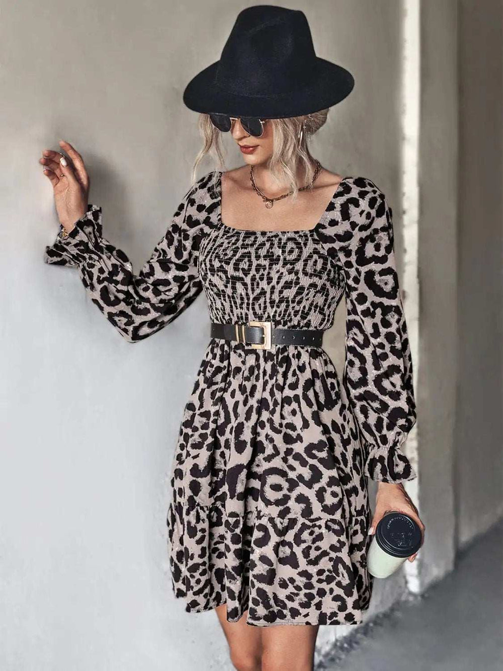 Leopard Smocked Flounce Sleeve Mini Dress - Trendsi - Flyclothing LLC