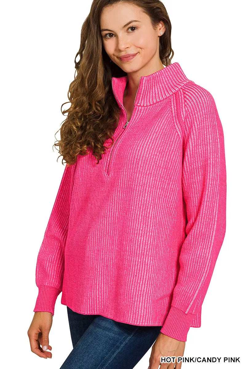 Zenana Ribbed Two Tone Half Zip Sweater - Trendsi - Flyclothing LLC