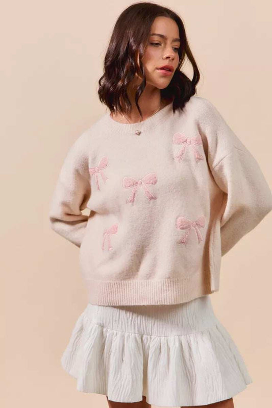 SO ME Embroidered Ribbon Round Neck Sweater - Trendsi - Flyclothing LLC