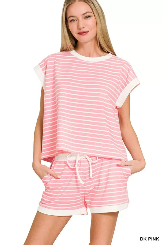 Zenana Stripe Contrast Trim Top & Shorts Set - Trendsi - Flyclothing LLC