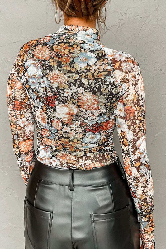 Floral Mock Neck Long Sleeve Top - Trendsi - Flyclothing LLC
