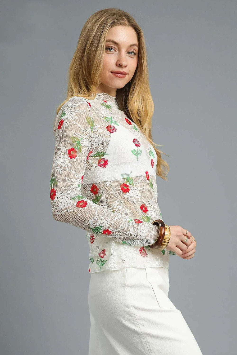 Umgee Floral Mock Neck Long Sleeve Sheer Top - Trendsi - Flyclothing LLC