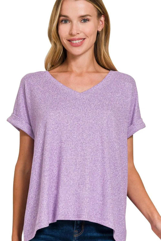 Zenana Soft Melange Hacci V-neck Tee - Trendsi - Flyclothing LLC