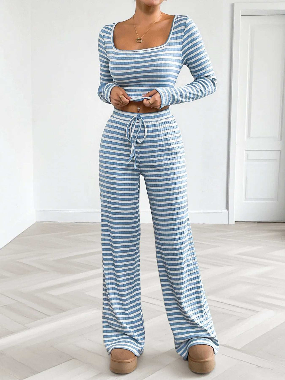 Striped Square Neck Long Sleeve Top and Pants Lounge Set - Trendsi - Flyclothing LLC