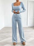 Striped Square Neck Long Sleeve Top and Pants Lounge Set - Trendsi - Flyclothing LLC