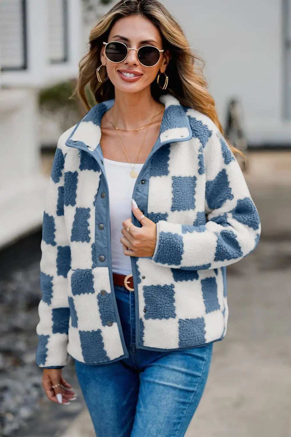 Checkered Snap Down Long Sleeve Teddy Jacket - Trendsi - Flyclothing LLC