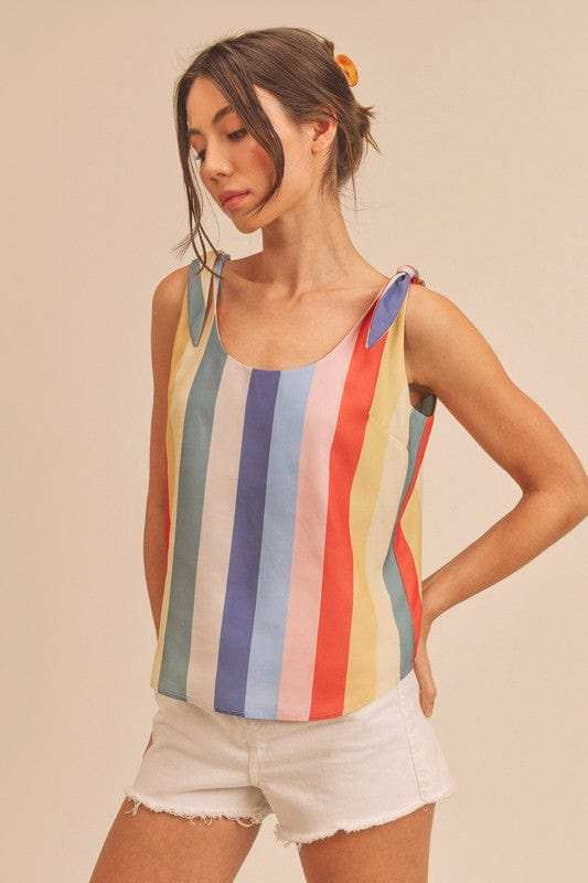 Aemi + Co Contrast Striped Scoop Neck Tie Shoulder Tank - Trendsi - Flyclothing LLC