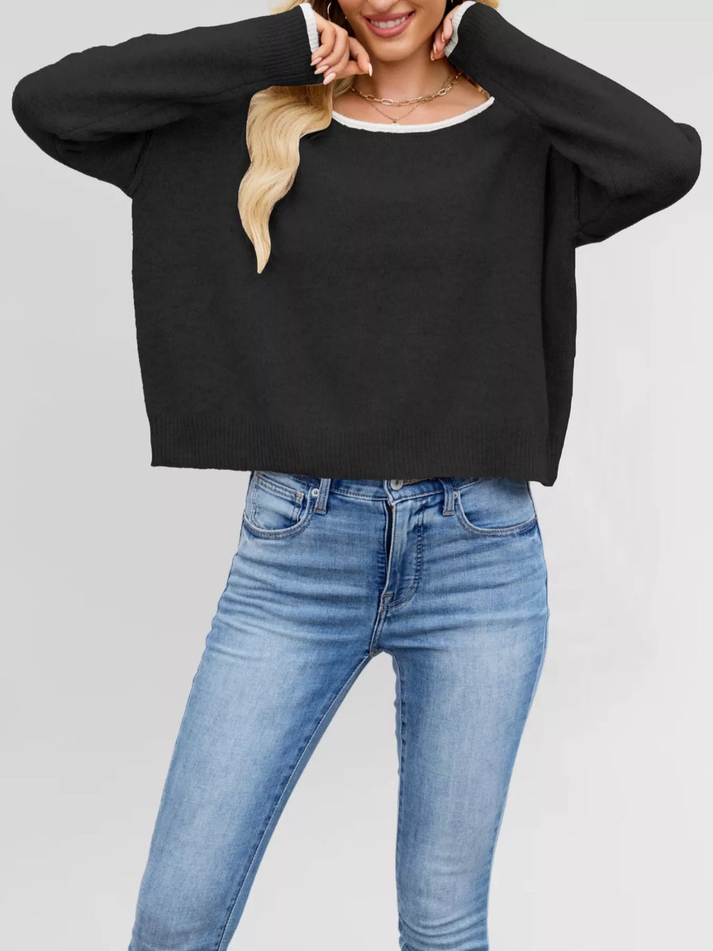 Round Neck Dropped Shoulder Sweater - Trendsi - Flyclothing LLC