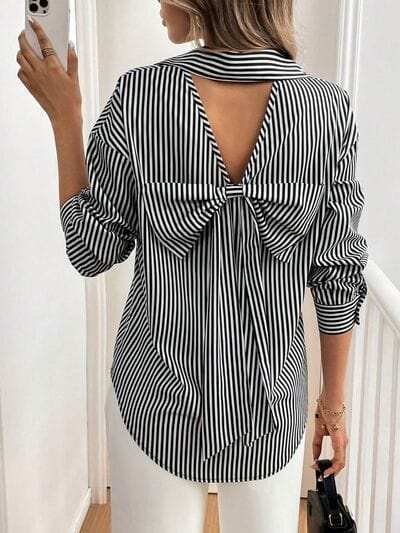 Cutout Bow Back Striped Collared Neck Long Sleeve Shirt - Trendsi - Flyclothing LLC