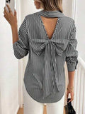 Cutout Bow Back Striped Collared Neck Long Sleeve Shirt - Trendsi - Flyclothing LLC