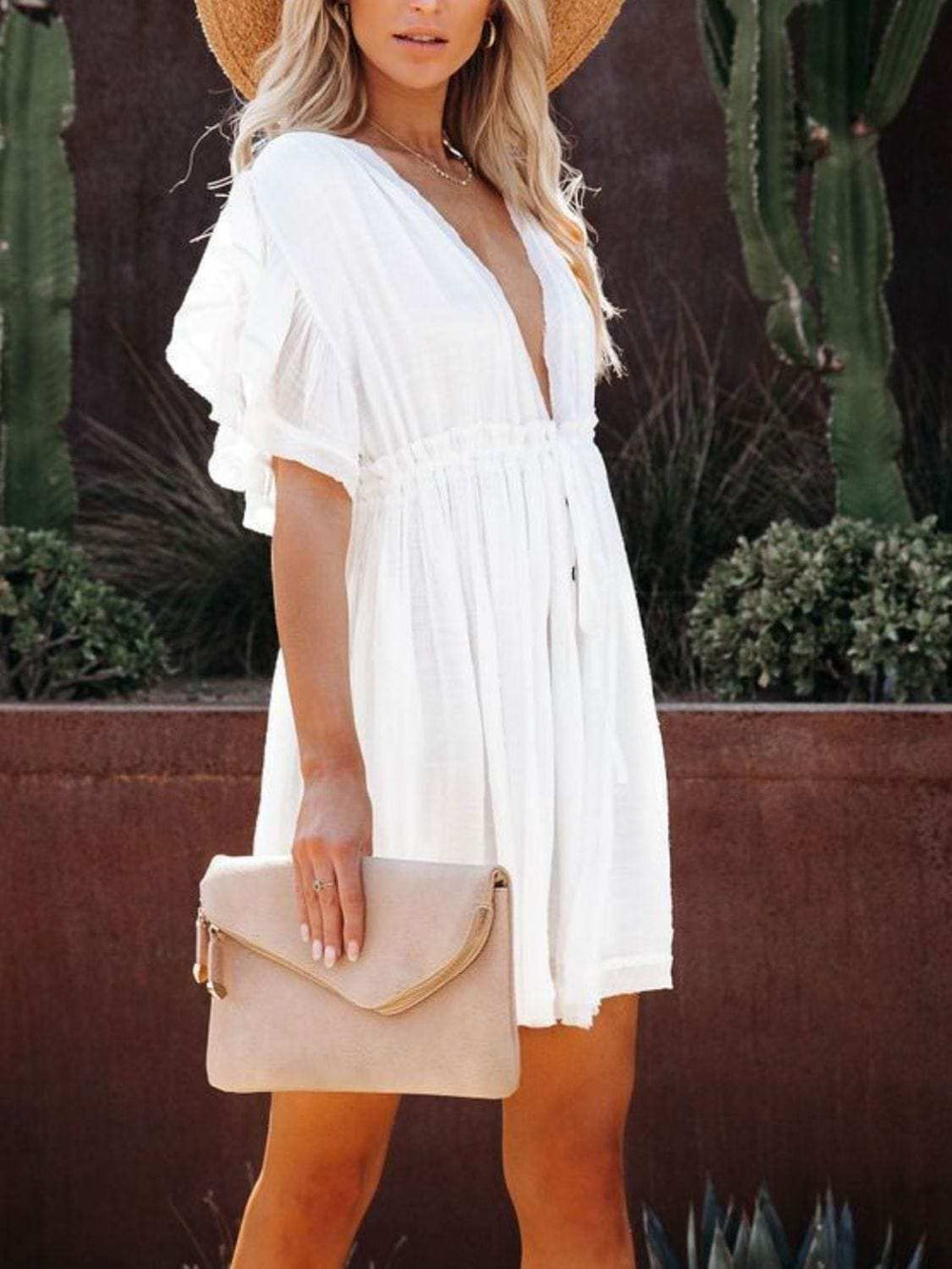 Drawstring Ruffled Half Sleeve Mini Dress - Trendsi - Flyclothing LLC