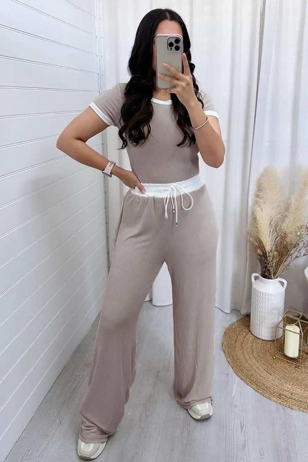 Contrast Trim Round Neck Top and Pants Set - Trendsi - Flyclothing LLC