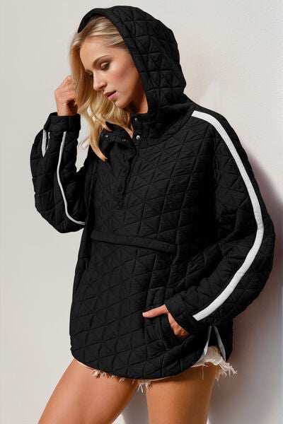 Double Take Contrast Trim Long Sleeve Half Snap Texture Hoodie with Pocket - Trendsi - Flyclothing LLC