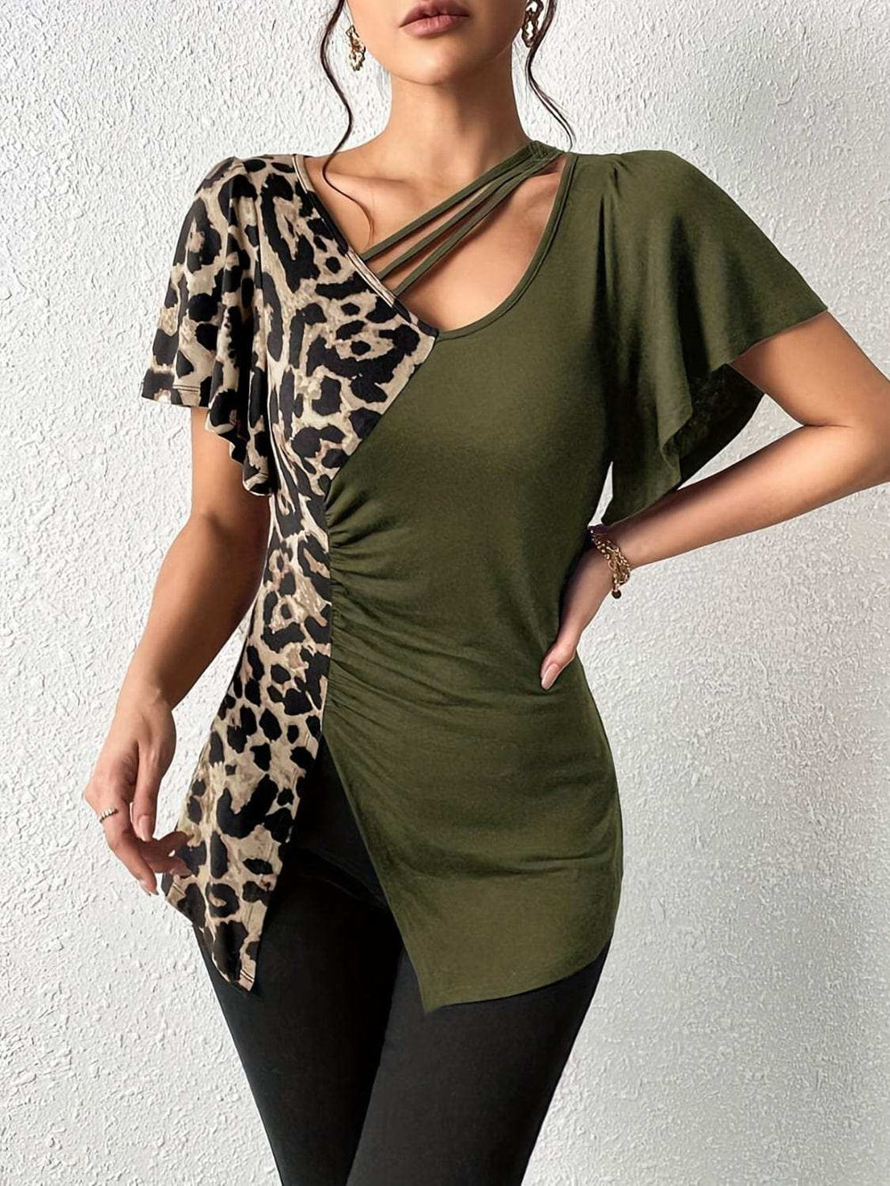Ruched Leopard Flutter Sleeve T-Shirt - Trendsi - Flyclothing LLC