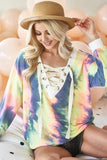 BiBi Tie Dye Deep V-Neck Top with Lace Up Front - Trendsi - Flyclothing LLC