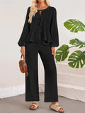 Tie Neck Balloon Sleeve Top and Pants Set - Trendsi - Flyclothing LLC