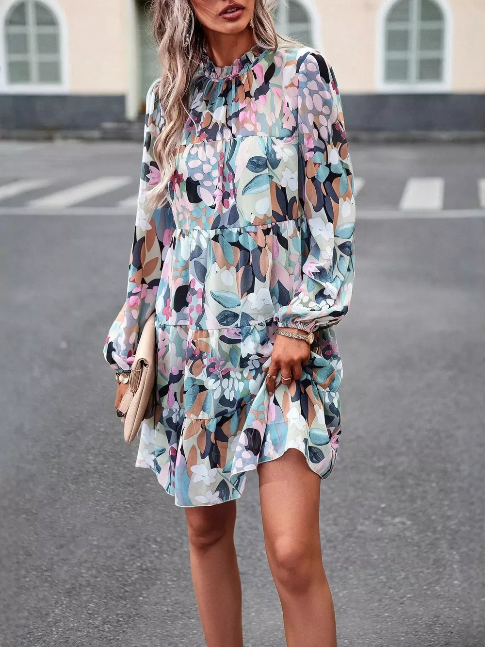 Printed Long Sleeve Mini Dress - Trendsi - Flyclothing LLC