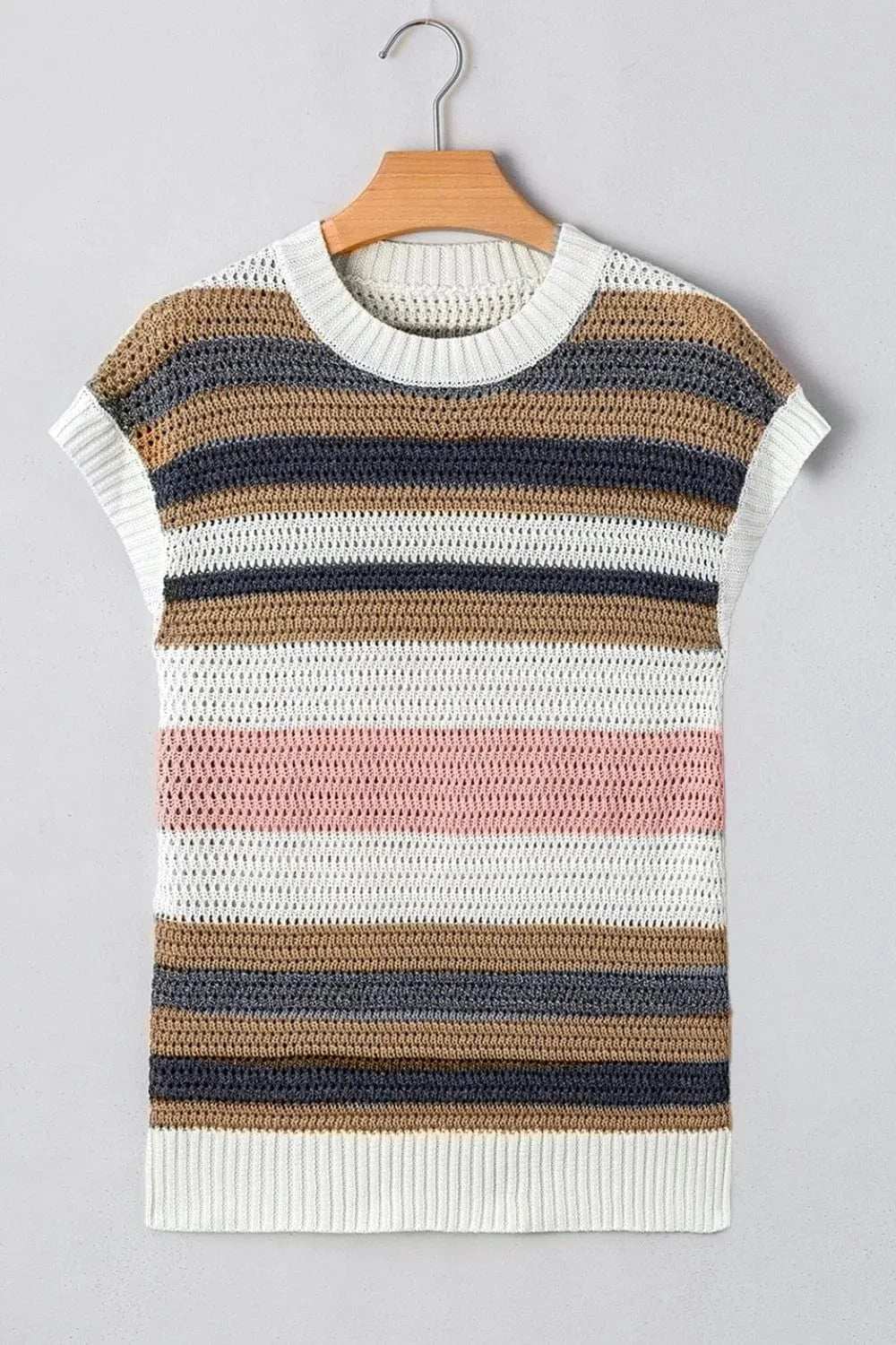 Stripe Color Block Eyelet Knit Short Sleeve Knit Top - Trendsi - Flyclothing LLC