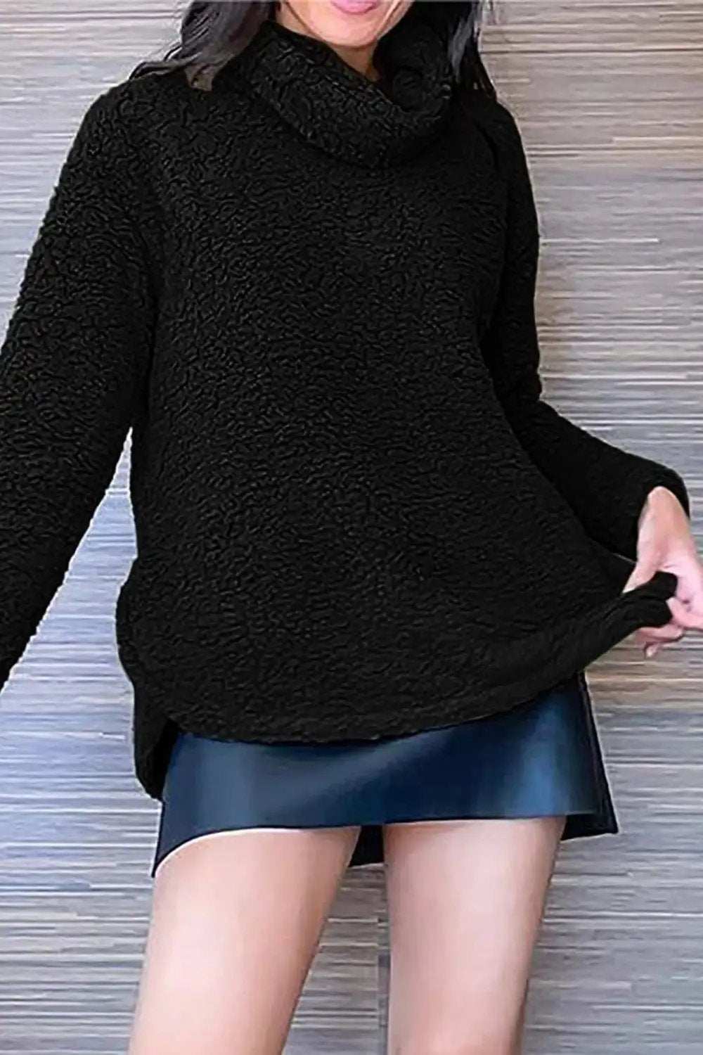 Fuzzy Turtleneck Long Sleeve Sweatshirt - Trendsi - Flyclothing LLC