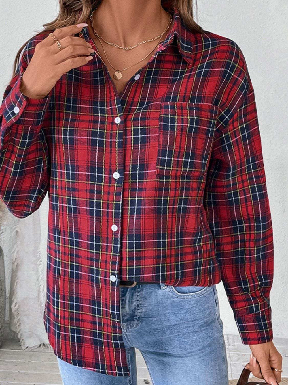 Perfee Plaid Button Up Long Sleeve Shirt - Trendsi - Flyclothing LLC