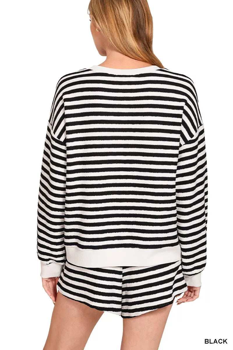 Zenana Striped Long Sleeve Top and Shorts Set - Trendsi - Flyclothing LLC