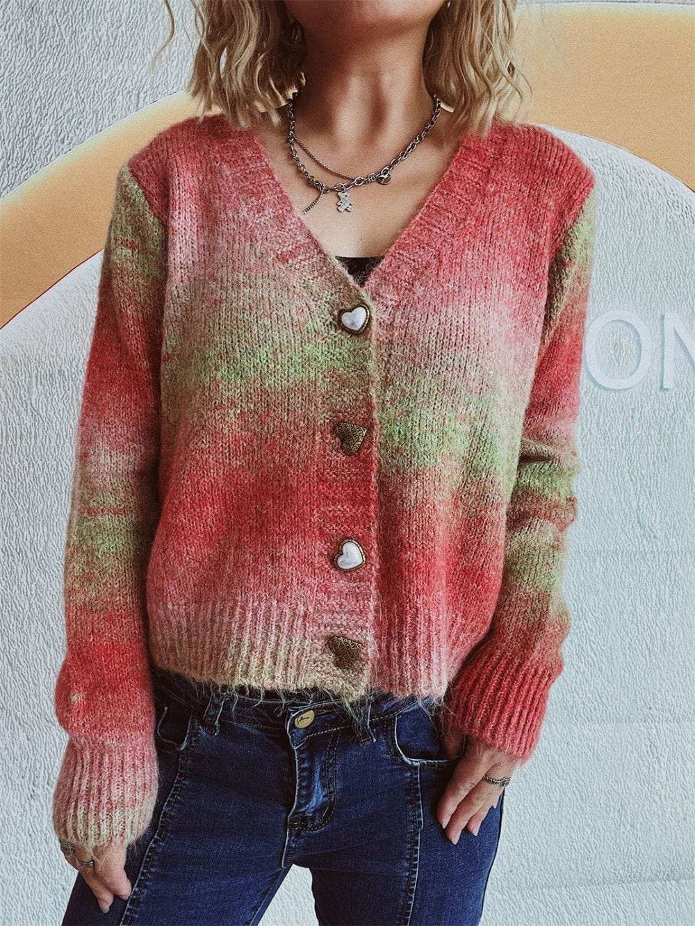 Gradient Heart Shape Button V-Neck Cardigan - Trendsi - Flyclothing LLC