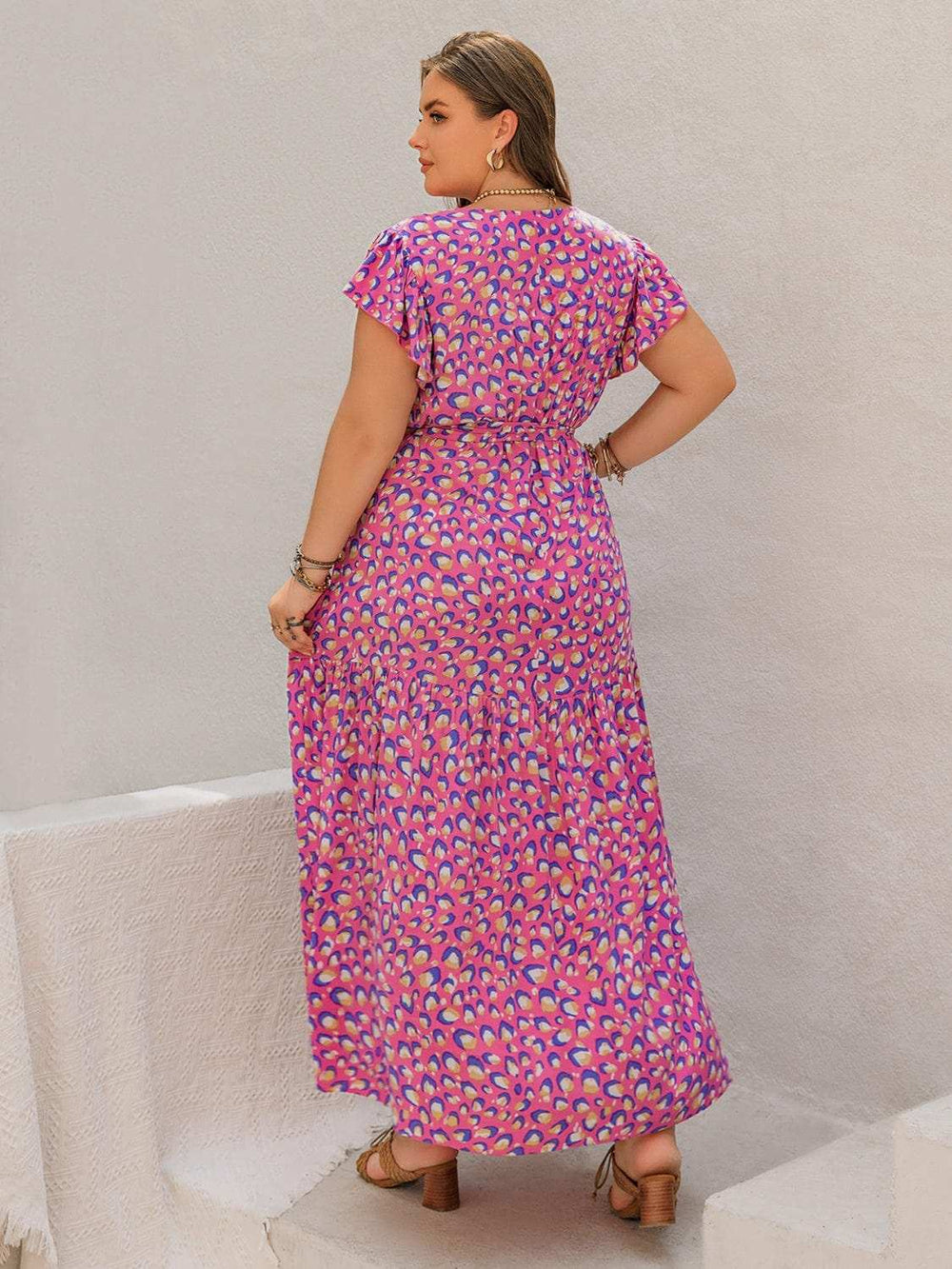 Plus Size Printed V-Neck Flutter Sleeve Tie Waist Maxi Dress - Trendsi - Flyclothing LLC