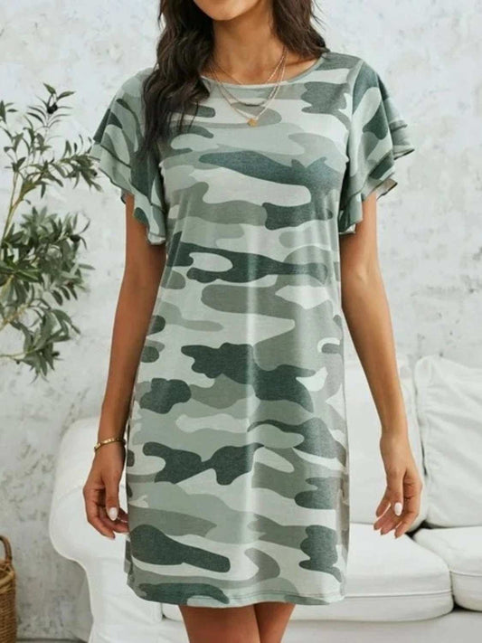 Camouflage Round Neck Short Sleeve Mini Dress - Trendsi - Flyclothing LLC