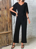 Tied V-Neck Half Sleeve Wide Leg Jumpsuit - Trendsi - Flyclothing LLC