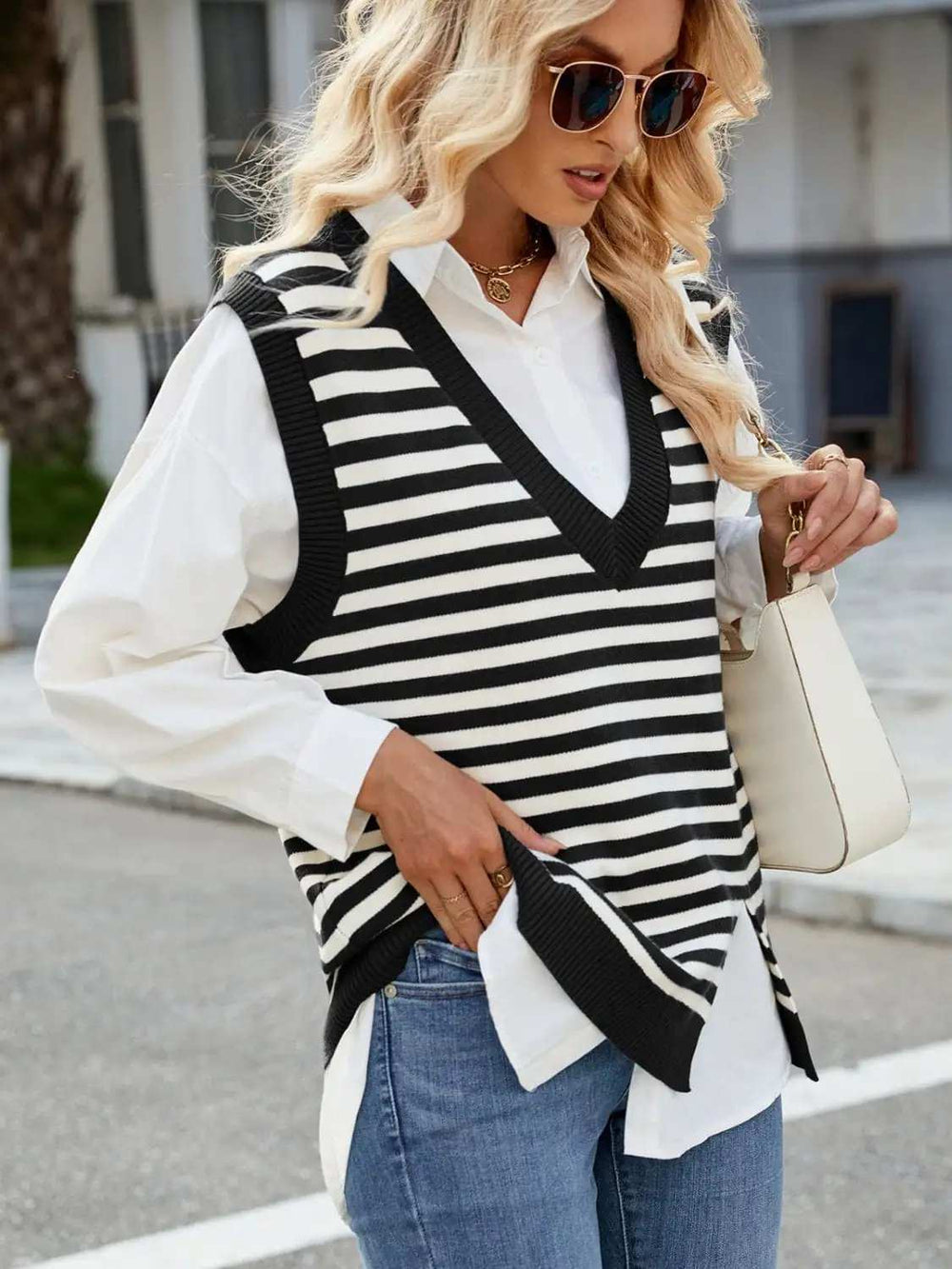 Slit V-Neck Striped Sweater Vest - Trendsi - Flyclothing LLC