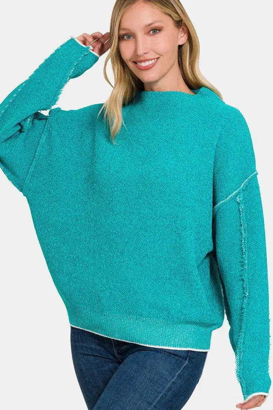 Zenana Exposed Seam Mock Neck Long Sleeve Sweater - Trendsi - Flyclothing LLC