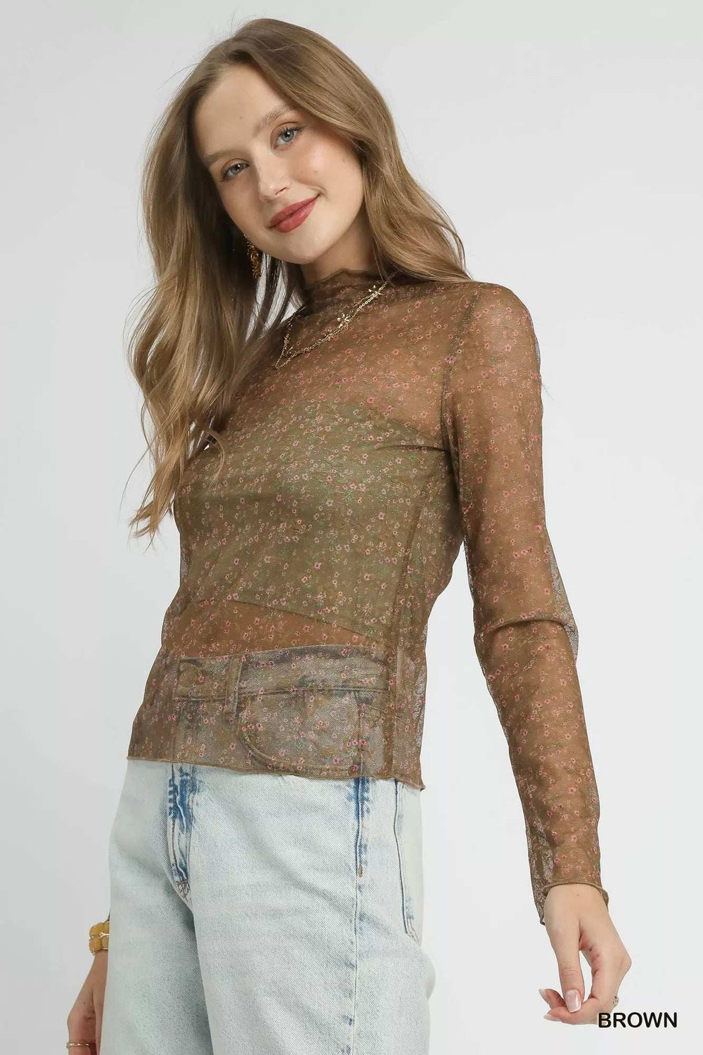 Umgee Nylon Lace Mesh Long Sleeve Top - Trendsi - Flyclothing LLC