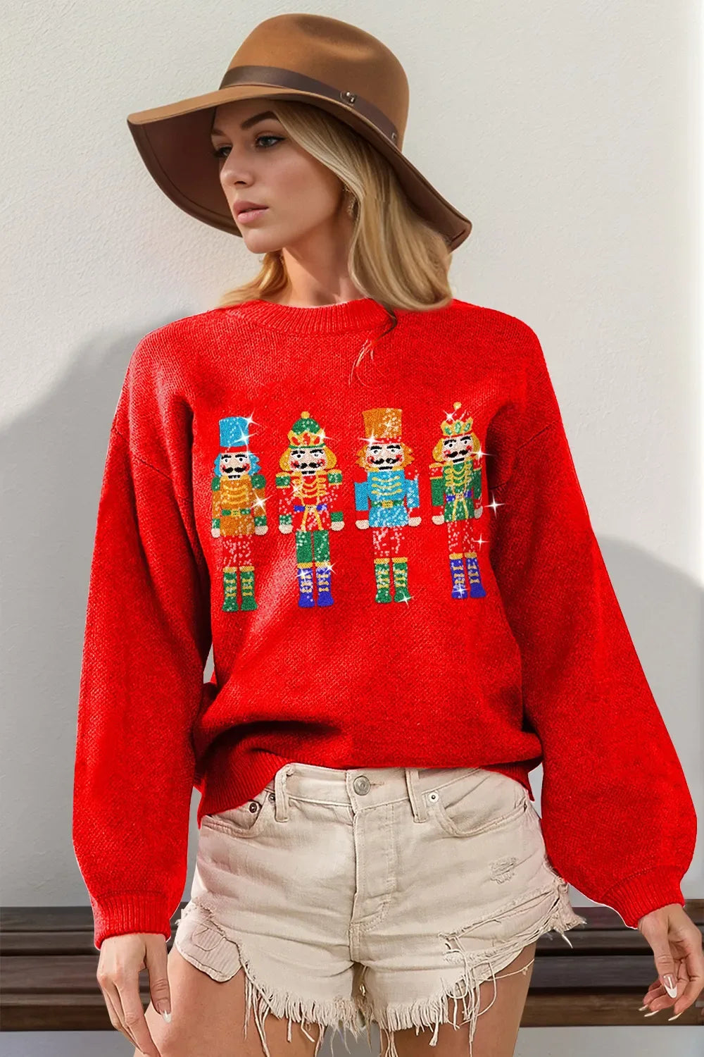 Double Take Full Size Sequin Nutcracker Long Sleeve Sweater - Trendsi - Flyclothing LLC