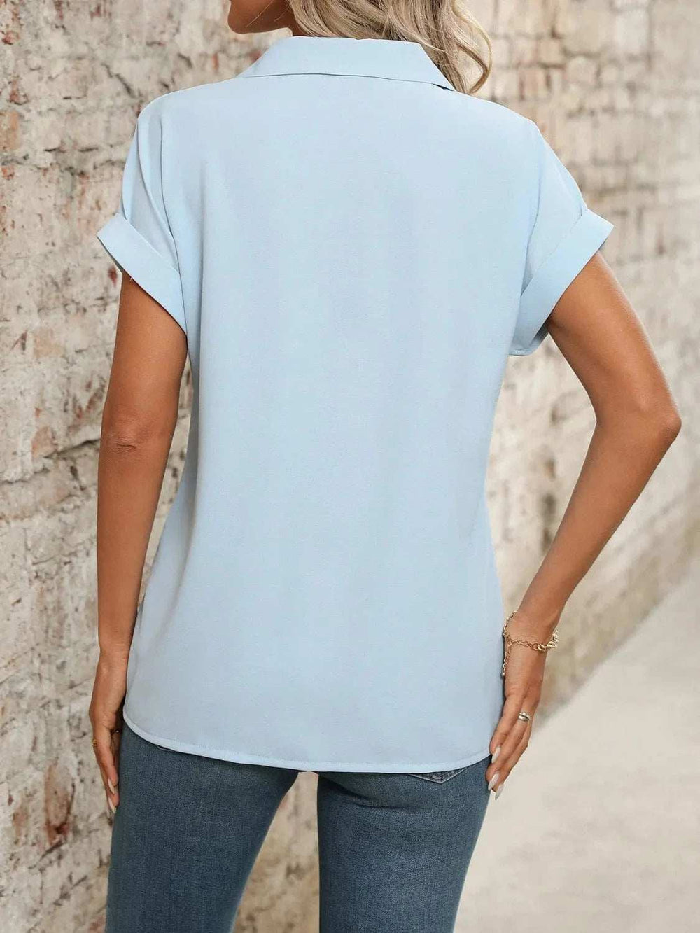 Collared Neck Short Sleeve Blouse - Trendsi - Flyclothing LLC