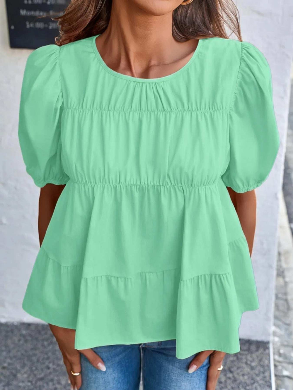 Round Neck Puff Sleeve Tiered Blouse - Trendsi - Flyclothing LLC
