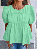 Round Neck Puff Sleeve Tiered Blouse - Trendsi - Flyclothing LLC