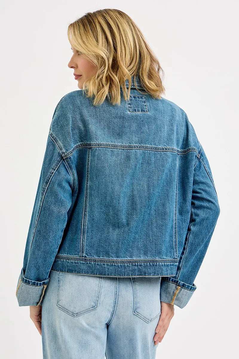 RISEN Oversized Cargo Pocket Denim Jacket with Cuffed Sleeves - Trendsi - Flyclothing LLC