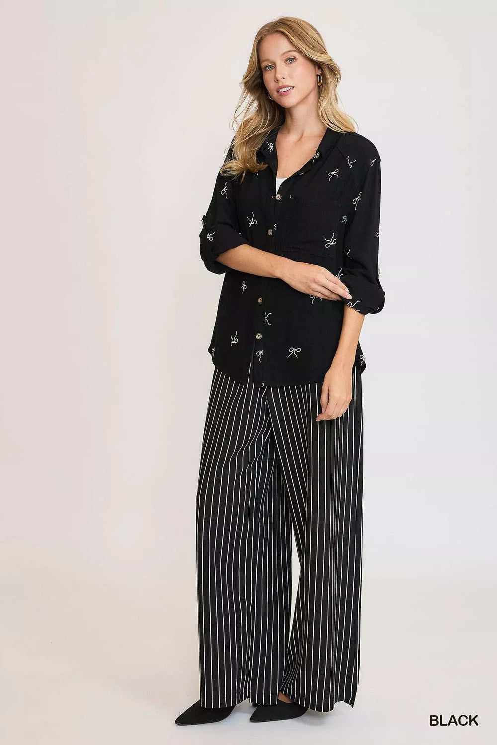 Umgee Linen Blend Fitted Shirt with Ribbon Embroidery Details - Trendsi - Flyclothing LLC