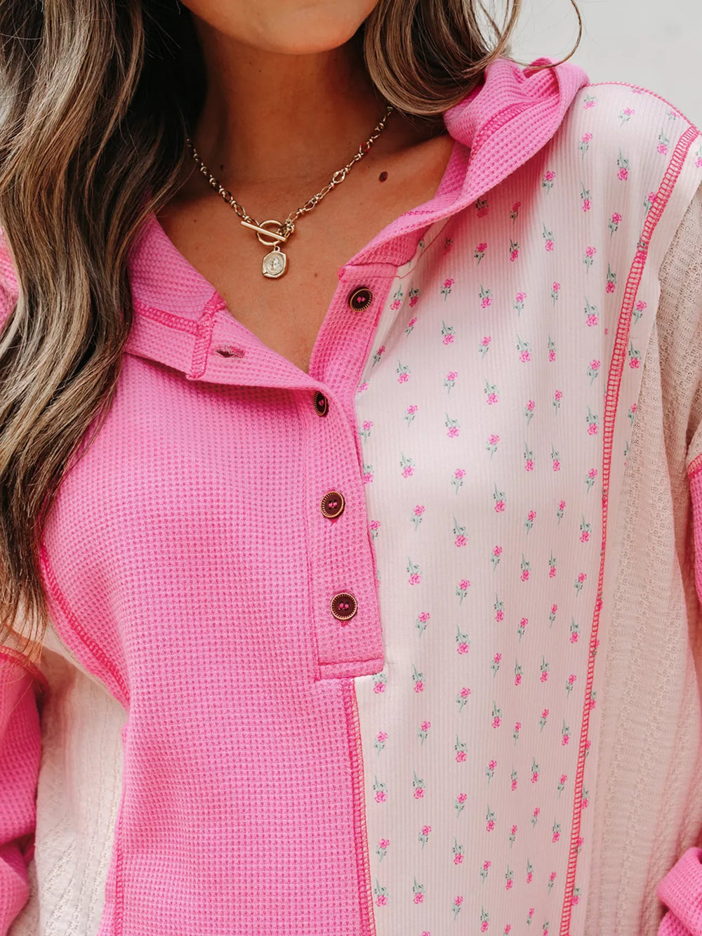 Mixed Texture Waffle Floral Patchwork Hooded Oversize Pullover - Trendsi - Flyclothing LLC